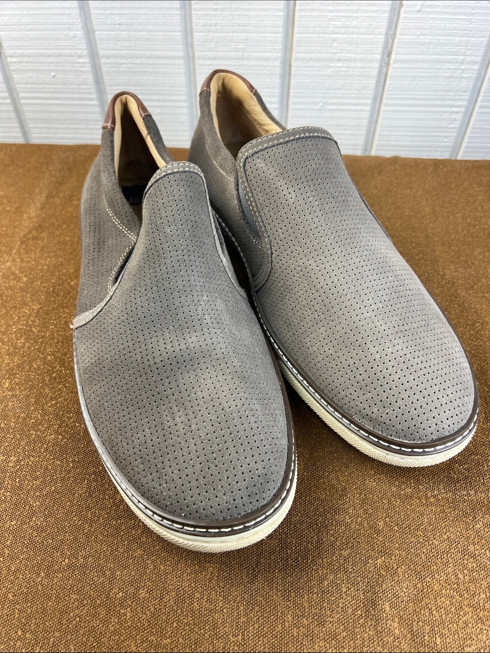 Johnston & Murphy Gray Perforated Suede Slip-On Loafers